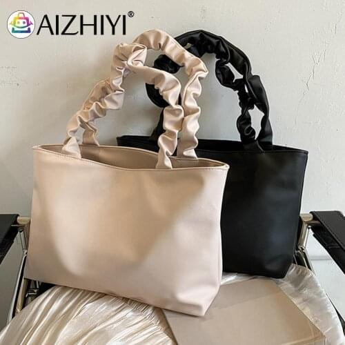 Fashion Women PU Leather Pleated Shoulder Shopping Bag Casual Ladies Solid Color Large Capacity Tote Handbags