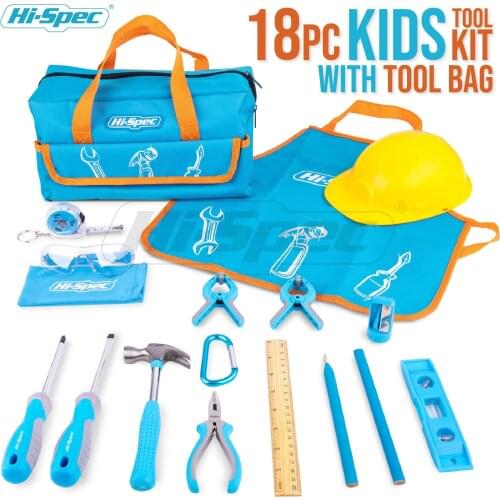 Hi-Spec 18pc Kids Tool Set Real Home Repair Tool Set Samll Size Learning DIY Tool Kit Set Woodworking Hand Tools in Storage Bag