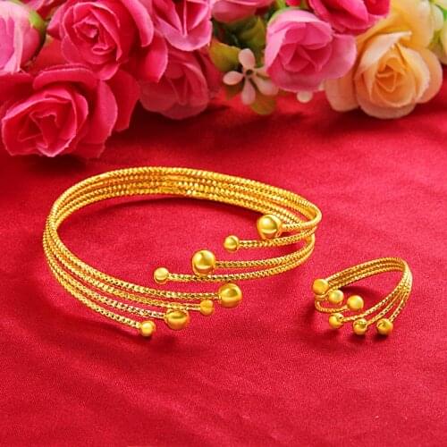 Trendy Carved Multi-line Bracelet Ring Set Yellow Gold Filled Women Wedding Jewelry Set