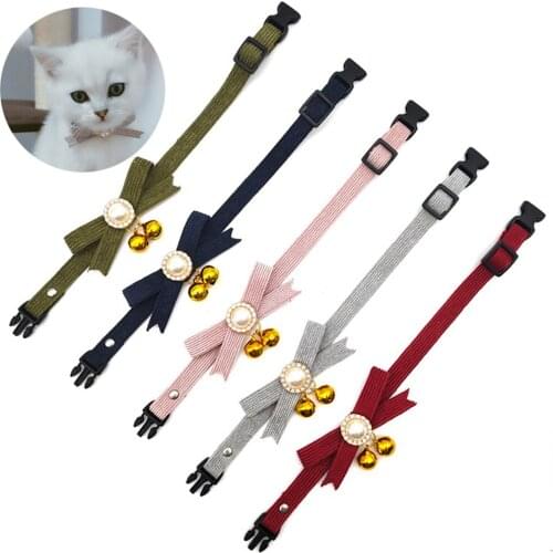 Cat Collar Breakaway with Bell and Bow Tie Lovely Princess Pearl Necklace Adjustable Safety Kitty Kitten Collars