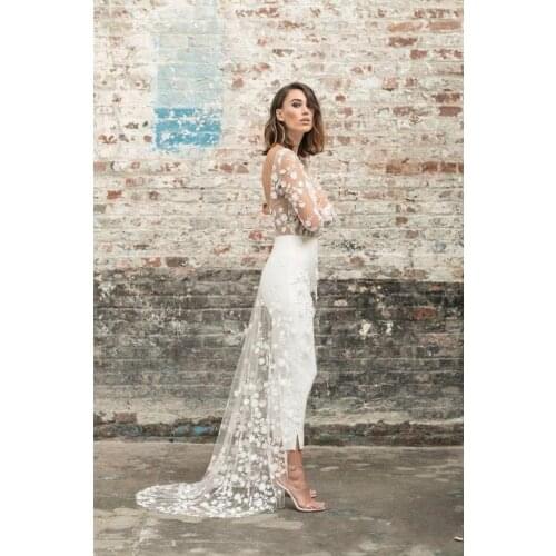 Sexy Open Back Pant Suit Wedding Party Bride Gowns Applique Lace Long Sleeves Bridal Wedding Dresses Cheap Formal Dress