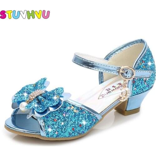 Children Crystal Shoes Sandals Girls High Heels Sequin Bow Leather Princess Girls Shoes Summer Kid Sandals Blue Gold Pink Silver