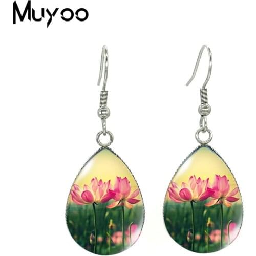 2020 New Floating Lotus Flowers Hook Earring Art Photo Tear Drop Earrings Glass Cabochon Jewelry Handmade