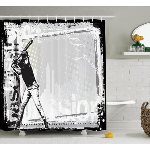 Sports Shower Curtain Hitter in Field Graphic On Distressed Backdrop Fast As You Can Baseball Themed Bath Curtains For Bathroom
