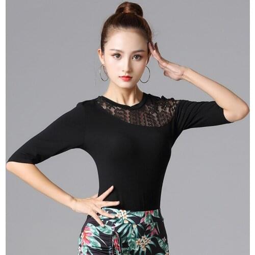 H2629 Lady Latin Dance Top Clothing Women Middle Sleeve Round Neck Lace Costumes National Standard Ballroom Dance Practice Wear