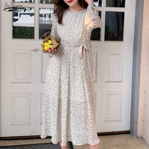 Vintage Party Midi Dress Vestidos Elegant Print Long Sleeve Spring Women Dresses Summer Casual O-Neck Chiffon A LIne Dress 13200