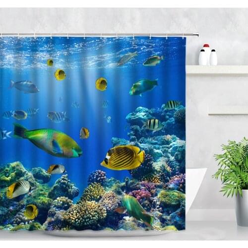 Underwater World Tropical Fish Shower Curtains Coral Reef Stone Ocean Scenery 3D Print Cloth Children Bathroom Decor Curtain Set