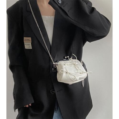 Womens Small White Leather Bag Luxury Designer Female Small Handbags Clutch Purses Ladies Chain Bowknot Shoulder Crossbody Bags