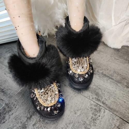 Glitter Glass Diamond Round Toe Snow Boots Gem Rhinestone Black Fox Fur Thick Sole Woman Warm Plush Winter Crystal Ankle Boots