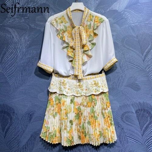 Seifrmann New 2021 Summer Women Fashion Runway Skirts Set Lantern Sleeve Loose Blouses + High Waist Print Pleated Skirts Suits