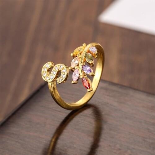 Womens gold alphabet letter ring zircons kid first name adjustable ring colorful crystal ring christmas gift for family