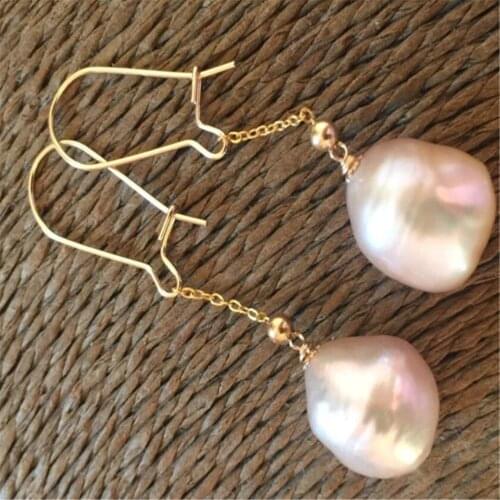 1pair 12-14mm Pink Baroque Pearl Earrings 18k Ear Drop Hook Flawless Classic Wedding Aurora Natural Irregular Dangle Fashion