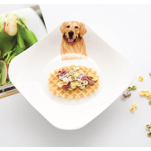2PCS 3D Dog Cat Printed Dinner Plate Home Decoration Bone China square Steak Cake Dishes Fruit Ceramic Kitchen Plates Container