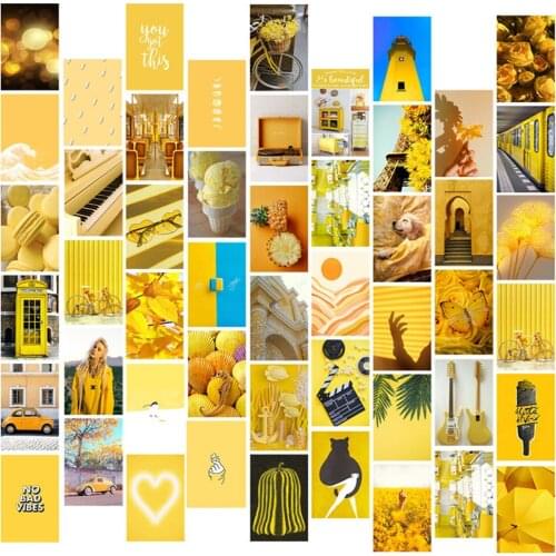 50pcs Yellow Life Theme Photo Collage Kit Wall Art Aesthetic Butterfly Leaves Beauty Images Pictures Decor (Contains Stickers)