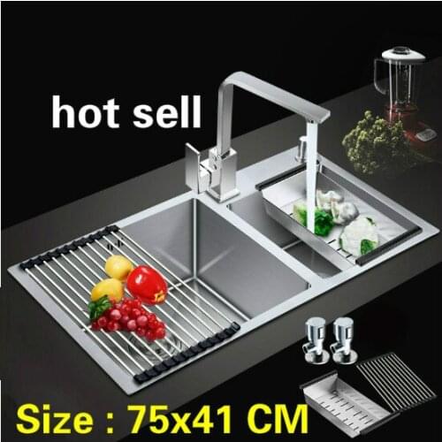 Free shipping Household vogue kitchen manual sink double groove 304 food grade stainless steel hot sell 750x410 MM