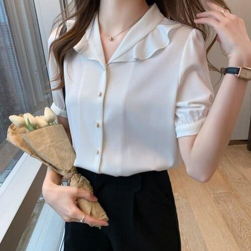 Blusas Mujer De Moda 2021 Short-sleeved White Shirt Female Top V-neck Free Shipping Items Clothes for Women Dropshipping 0646