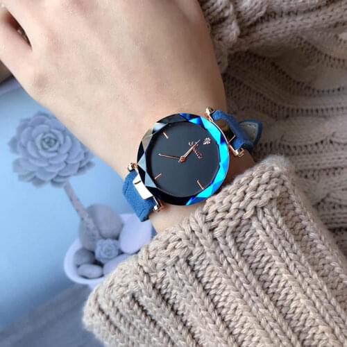 2018 Luxury Lady Crystal Watch Women Dress Fashion Rose Gold Quartz Wrist Watches Female Sky Blue Leather Relogio Feminino