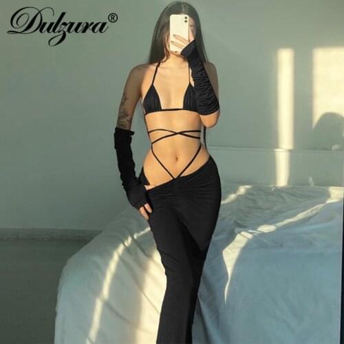 Dulzura 2021 Summer Autumn Women Solid Slim 2 Pieces Lace Up Crop Ruched Drawstring Midi Skirt Set Party Club Outfit Matching