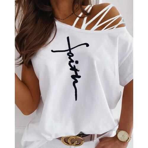 Summer Women Fashion Letter Print Cutout Strappy Short Sleeve T-Shirt Plus Size Clothes Streetwear Hollow Out Bandage Casual Top