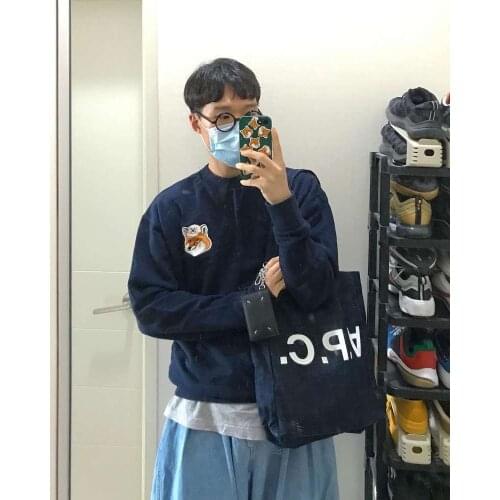 Little Fox Embroidered Cotton Navy Blue Pullover Sweatshirt Women