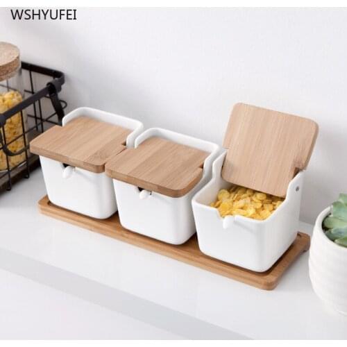 WSHYUFEI Ceramic spice bottle With lid and spoon Chewing sugar salt tea Three-piece seasoning pot Kitchen supplies Holiday gift