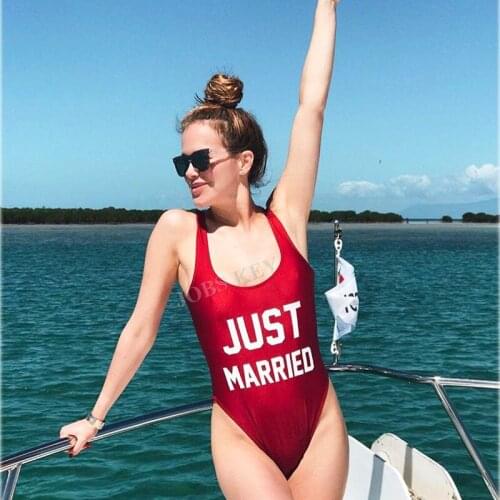 Women Swimwear JUST MARRIED Letter Printing One Piece Swimsuit Purple Monokini High Cut Bathing Suit Beach Wear Jumpsuit Top