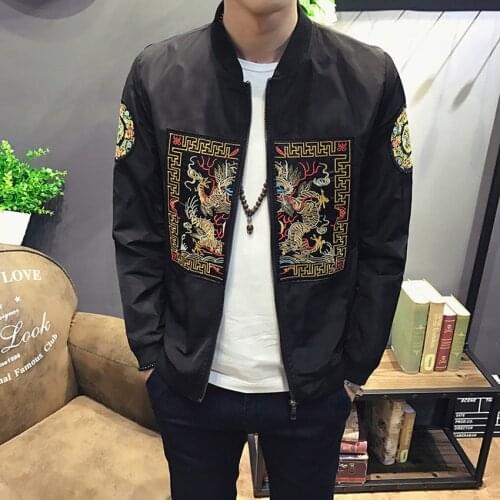Dragon Embroidery Traditional Men Bomber Jacket Chinese Style Ethnic Totem Hip Hop Casual Zipper Fashion Pilot Coat Outfist