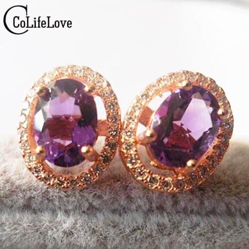 Fashion Silver Stud Earrings for Woman Solid 925 Silver Earring with 5*7mm Natural Amethyst Silver Classic Amethyst Earings