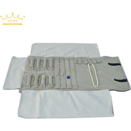 Portable Gray Velvet Jewelry Display Set Travel Roll Bag Earring Ring Pendants Necklace Bracelet Chain Storage Organizer Holder