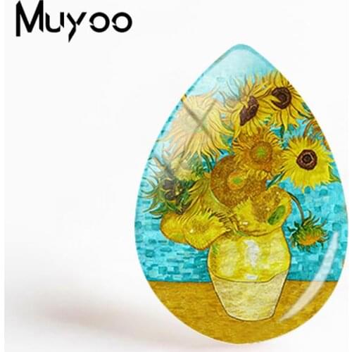 2018 New Sunflower Painting Jewelry Yellow Flowers Tear Drop Glass Cabochon Hand Craft Cabochons Gifts Women