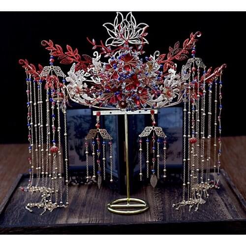 New Chinese Bride Red Phoenix flower Crown Costume Grandeur Tassel Xiuhe Dragon and Phoenix wedding hair Accessories