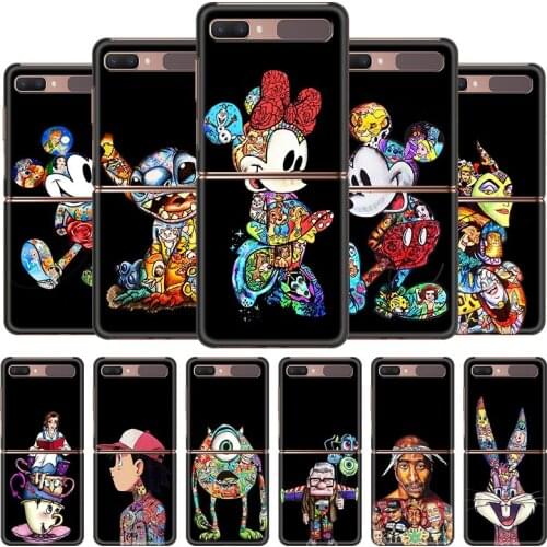 Mickey Tattoo Cartoon Shockproof Cover for Samsung Galaxy Z Flip Flip3 5G Black Phone Case Shell Hard Fundas Coque Capa