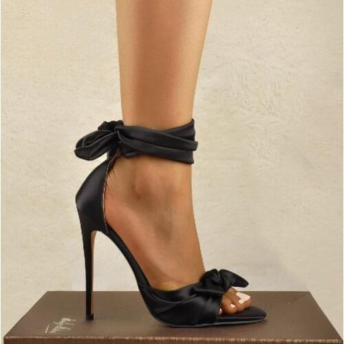 Onlymaker Women Sandals Summer Black Fashion Ankle Strappy Bowk-not Satin Thin High Heel Pointed Open Toe Trendy for Dressing