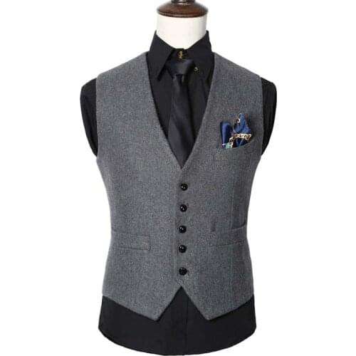 Woolen Tweed Vest Grey For Men V Neck Custom Made Wedding Groom Best Man Suit Waistcoat Single Breasted For Casual Business