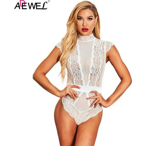 ADEWEL Sexy White Lace Tulle Bodysuit Women Summer Short Sleeve See-through Skinny Body Suit Sleepwear Lingerie Underwear 2021