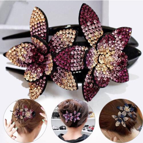 Rhinestone Double Flower Hair Clip Elegant Rhinestone Hairpin Women Hair Clips Duckbill Clip Hairgrip Fashion Hair Accessories