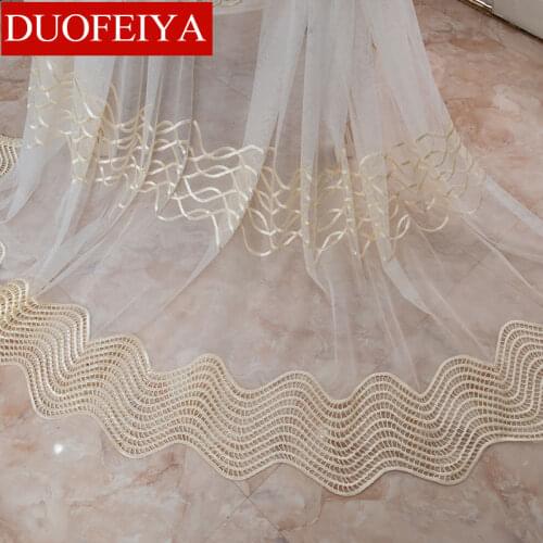 Golden Coffee Geometric Embroidery Tulle Curtains for Living Room Bedroom Modern Sheer Curtains for Window Voile Drapes