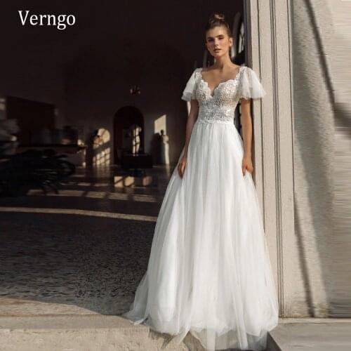 Verngo Vintage A Line Lace Wedding Dress Country 2021 Short Sleeves Tulle Skirt Fitted Bohemian Bridal Gowns Buttons Back