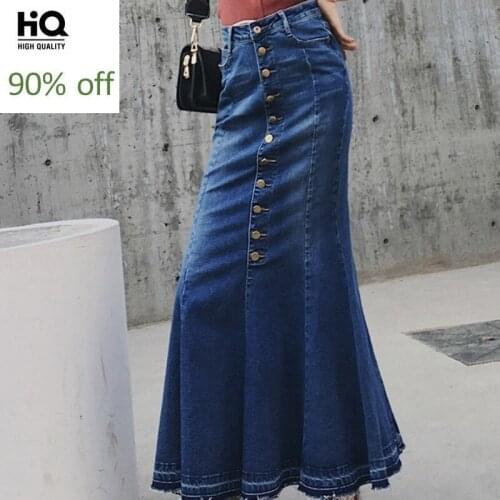 New Fashion Women Sexy Mermaid Denim Skirt Ankle Length Long High Waist Buttons Jeans Skirt Casual Ladies Slim Ruffles Skirts