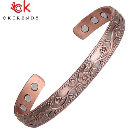 3000 Gauss Open Cuff Adjustable Bracelets for Women Health Energy Magnetic Bangles Flower Pattern Pure Copper Bracelets & Bangle