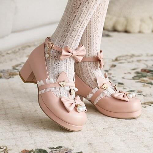 US4-13 Womens Mary Jane Ears Cute Buckle Lolita Bowknot Block Heel Pumps Chunky Shoes T-strap Sweet Lace Plus Size 34-48