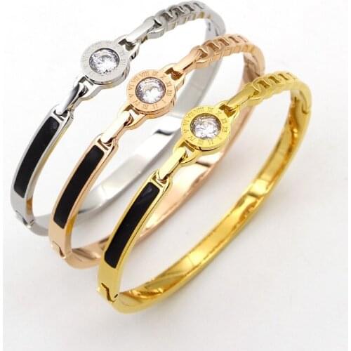 Fashion Stainless Steel Better Rose Gold Color Hollow Crystal Round Roman Numerals Chain Bangle Bracelet Women Party Gift