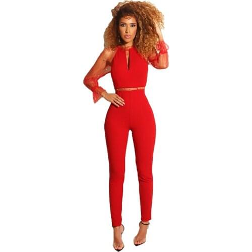 Beading Mesh Sheer2019 New Sexy Bodycon Jumpsuit Women Clothes Black Red Long Sleeve One Piece Rompers Playsuits Club Overalls