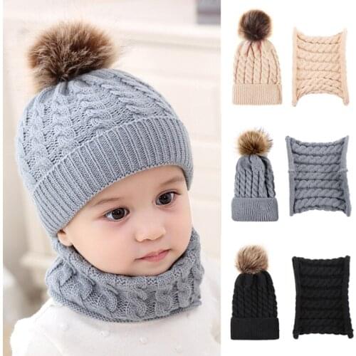 2 Pcs/Set Pompom Baby Hat Scarf Set Warm Knitted Baby Girl Boy Winter Beanie Hat Solid Color Kids Toddler Beanies Bonnet Cap