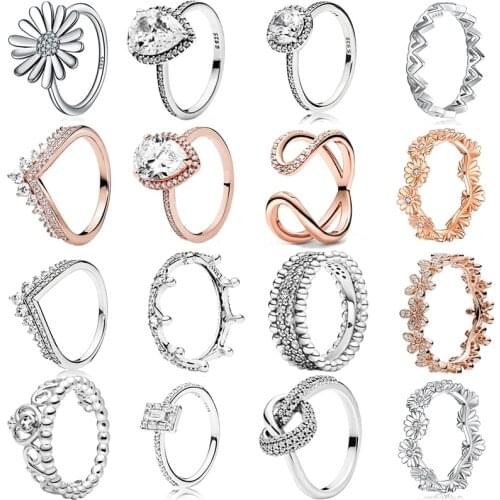 44 Style 925 Sterling Silver Ring Daisy Flower Sparkling Heart Tiara Crown Rings For Women Engagement Anniversary Jewelry Gift