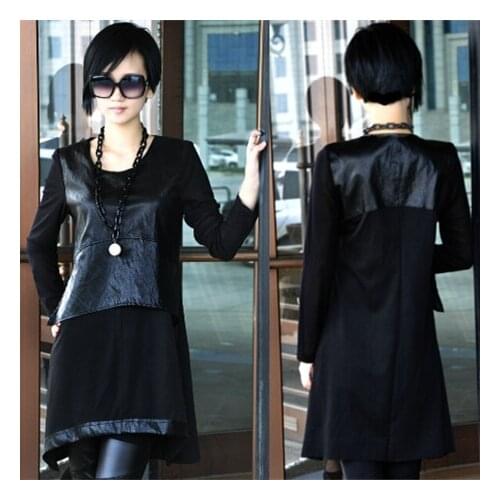 Brand Women Shirt PU Leather Splice Crewneck Basic Shirt Tops Blouse