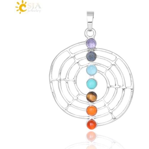 CSJA 1Pc Tiger Eye Healing Dowsing Reiki Divination Pendulum Eight Trigrams Shaped 7 Chakra Stone Symbolic Pendants E035