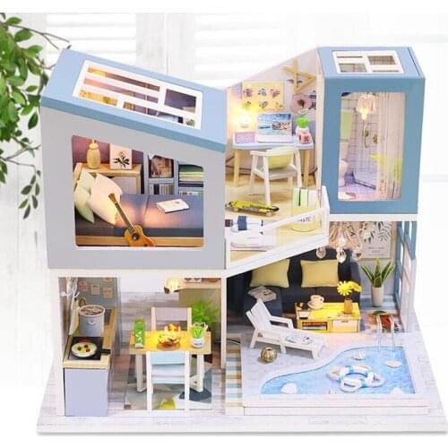 Diy 3D Wooden Miniature Duplex Double Villa Dollhouse Kit Creative Building Assembly Model Cabin Christmas Birthday Gifts