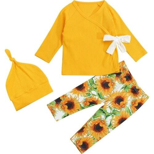 0-18M Newborn Baby Boy Girl Long Sleeve Cotton T-shirt Tops Sunflower Long Pant Hat 3PCS Spring Autumn Clothes Set