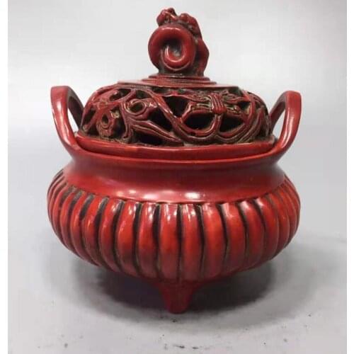 Chinese imitation red coral beast lid Incense burner crafts statue
